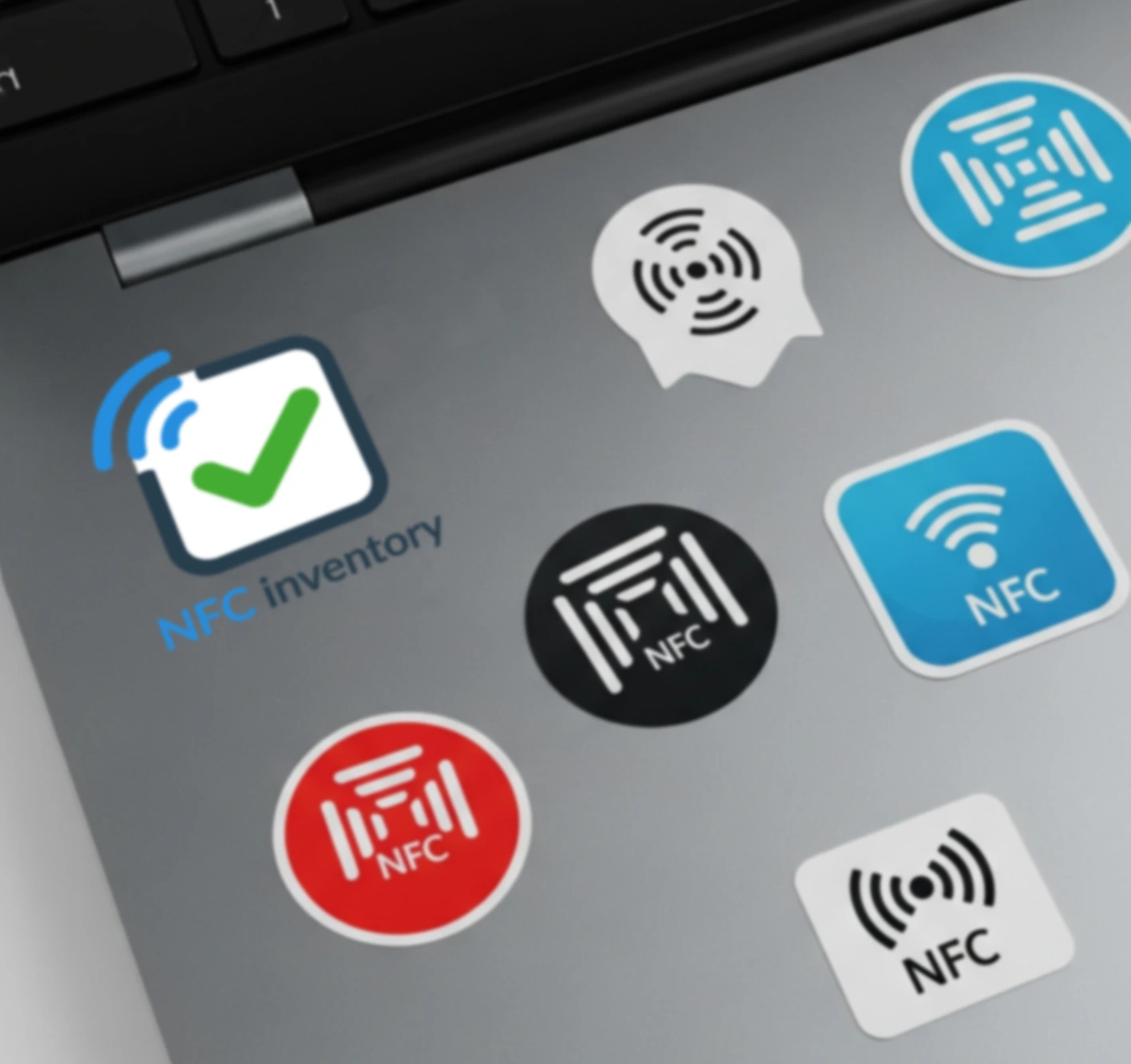 Various NFC stickers on a Chromebook cover